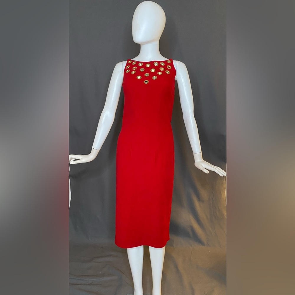 Red microsuede sheath dress with grommet detail (32/26/33)